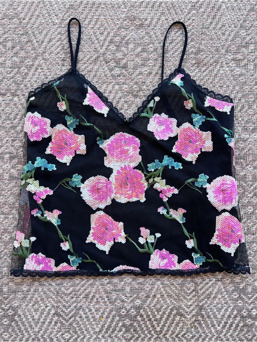Anna Sui Floral Sequin Mesh Cami Tank Black Pink Embroidered Size 4